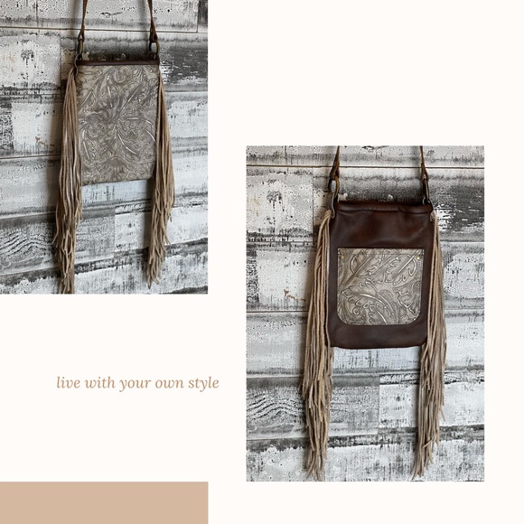 Champagne Tooled Leather Purse with Playful 12" Fringe - Handmade in USA - Picture 4 of 16